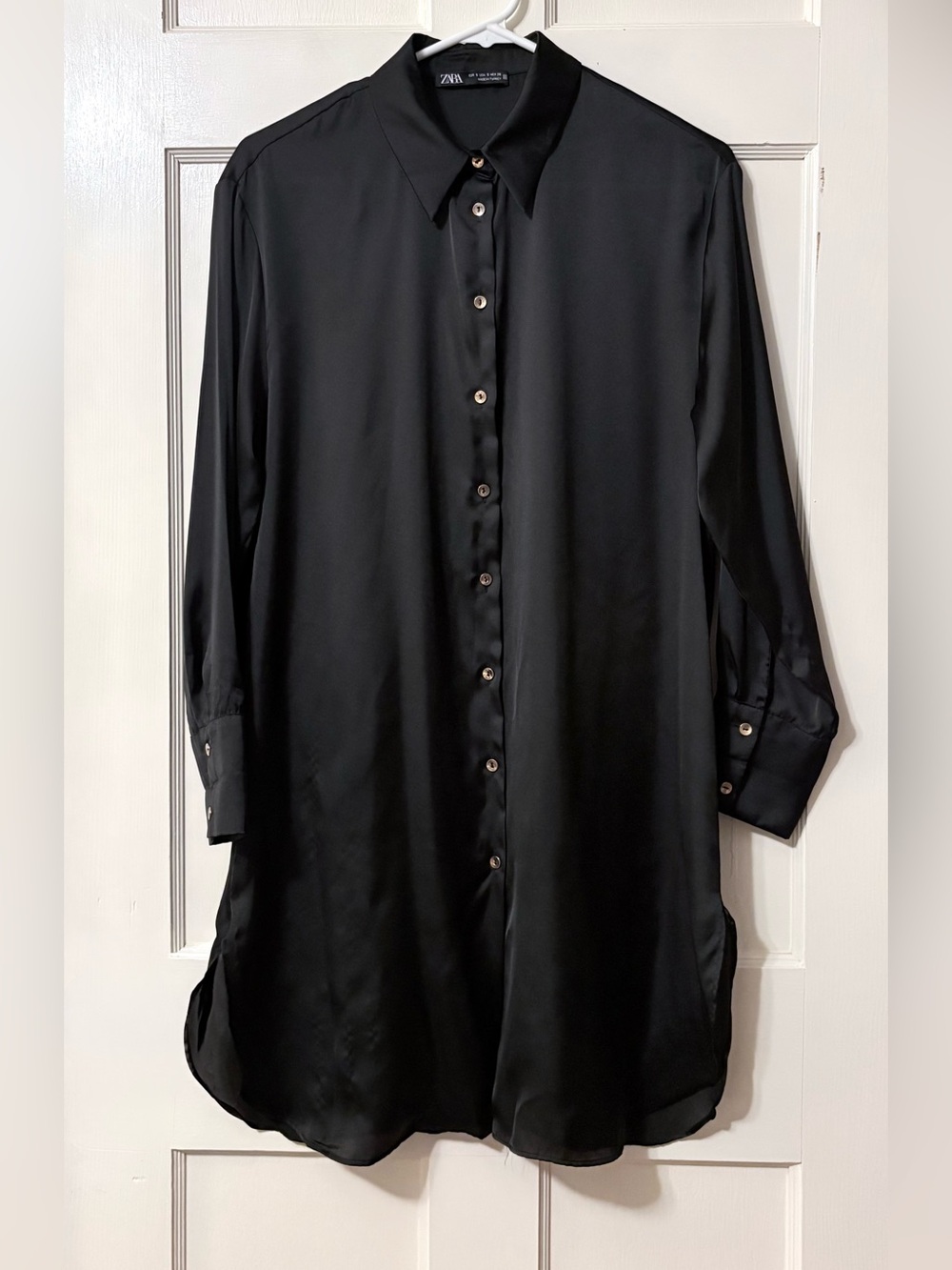 Zara Black Satin Feel Button Down Shirt-Dress
